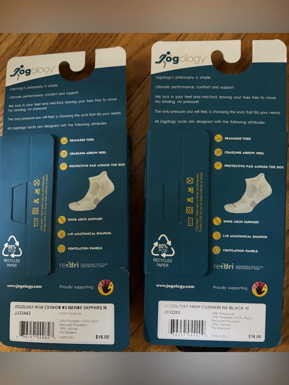 Jogology 2for1 High Cushion No-Show Socks - Black & Blue and Black Unisex